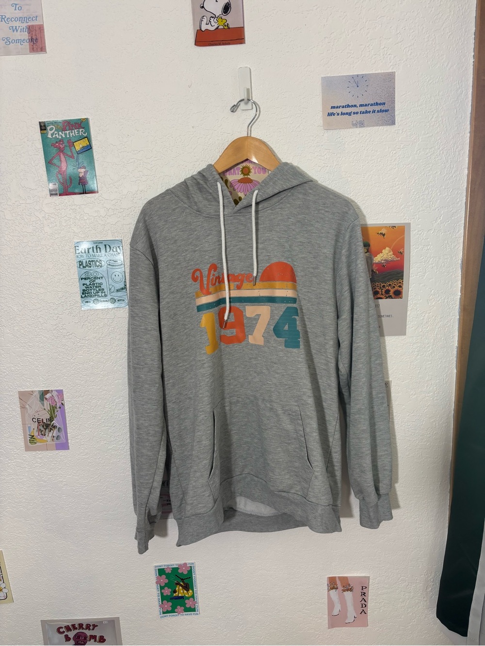 Gray '1974' Retro Graphic Hoodie with Sunset Stripe
